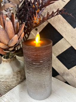 Rustic and Fading Brown & Silver Moving Flame Candle 3x6in