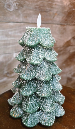 Green Christmas Tree with White Glitter Moving Flame LED Candle 5x6.5in