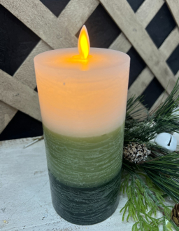 White n Green 3 Layer Rustic Finish Moving Flame LED Candle 3in by 6in