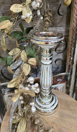 Short Silver & White Candle Holder 4.5x4.5x12in