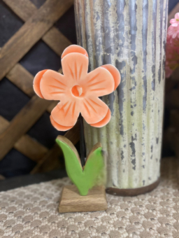 Pink & Green Wooden Flower 9x5in