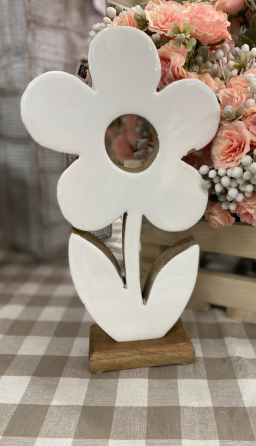 White Enamel Wooden Flower on Base 11x6in