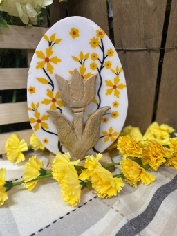 Wooden Egg with Enamel print and a Flower on Base 8.5x6in