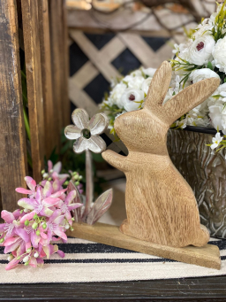 Natural Wooden Bunny with a Metal Flower 11x9in