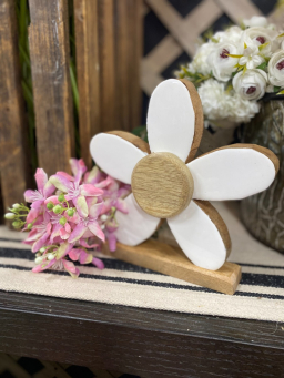 White Enamel Wooden Flower on Base 7x7in