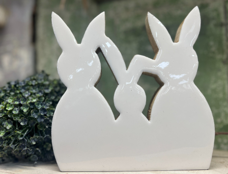 Trio White Enamel Wooden Bunny 7x7in