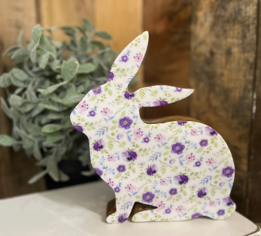 Wooden Bunny Sitter with a Purple Floral Print 8x7in