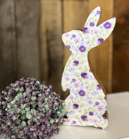 Wooden Standing Bunny with a Purple Floral Print 10x4in