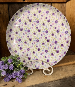 Metal Platter with an Enamel Purple Floral Print 12in