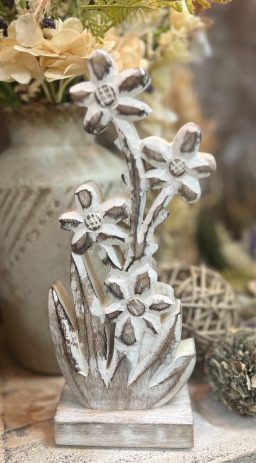 Whitewashed Carved Wooden Flower 5X11in